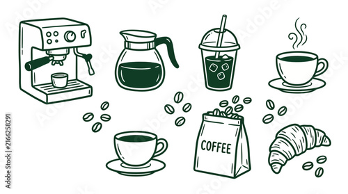 Hand drawn coffee shop icons set featuring espresso machine, beans and croissant on white background, perfect for cafe branding, menu design and social media marketing