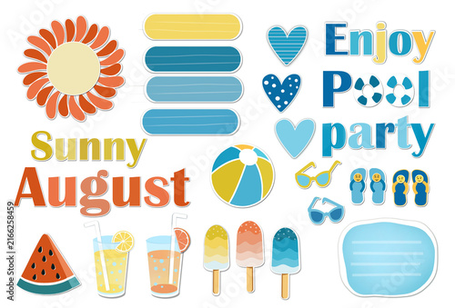 Colorful set of summer stickers ' Sunny August,'  ' Enjoy pool party'  with pool party  elements design and notes templates .