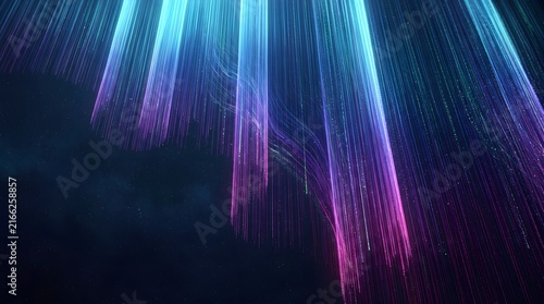 Abstract Neon Fiber Optics, Glowing Cyan And Magenta Light Streaks, Digital Data Streaming Effect, Futuristic Technology Background With Vertical Luminous Rays