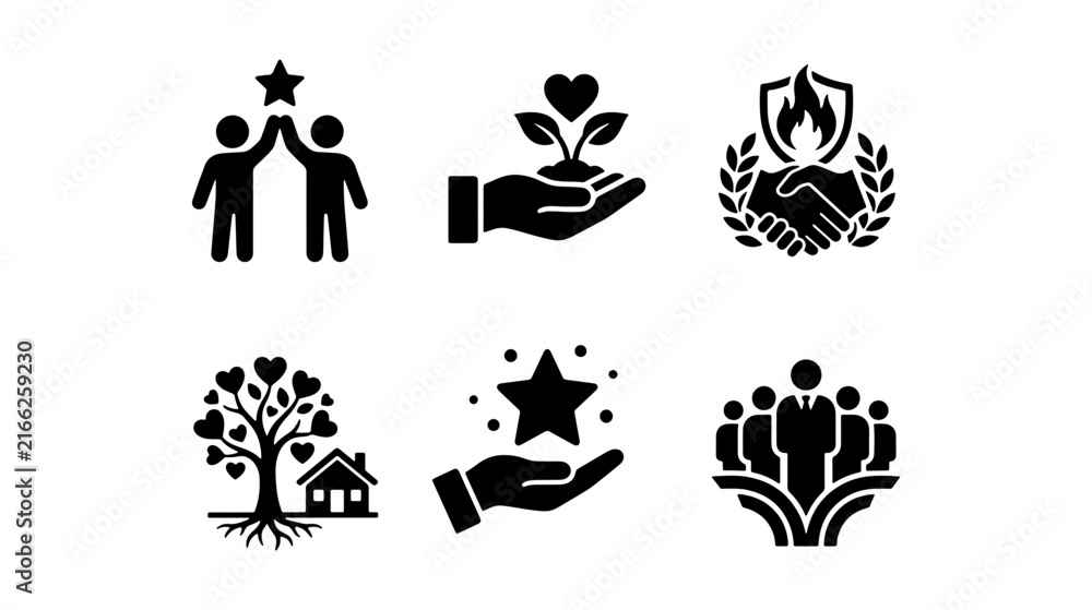 Fototapeta premium Teamwork, Growth, Security, Community, Recognition Icons: Business Concepts Vector Set