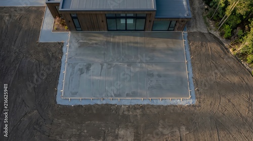 Aerial view of modern house foundation with fresh concrete slab and wooden forms at construction