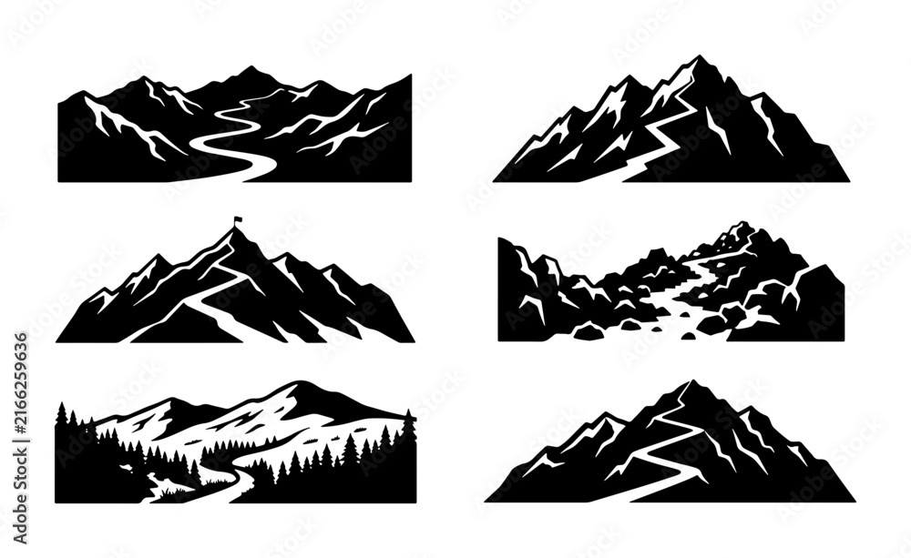 Fototapeta premium Mountain Landscapes Vector Icons, Adventure Peaks, Wilderness Trails, Summit Views, Outdoor Scenery