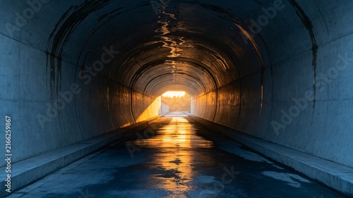 Sunset glow illuminates wet tunnel interior