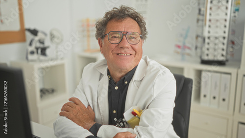 Bild auf Leinwand Man optician in white coat wearing glasses with arms crossed holding trial frame beside eye exam computer in clinic building; approachable care expertise