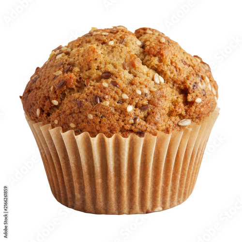 Quadro su tela Delicious golden brown muffin with various seeds on top, baked in a paper cup, i