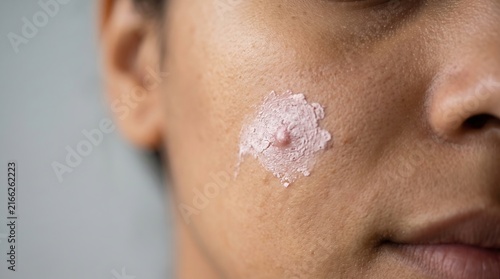 Close up of localized spot cream treatment applied on facial acne pimple lesion