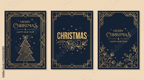 Art deco christmas cards set with elegant gold lines and festive typography on dark backgrounds