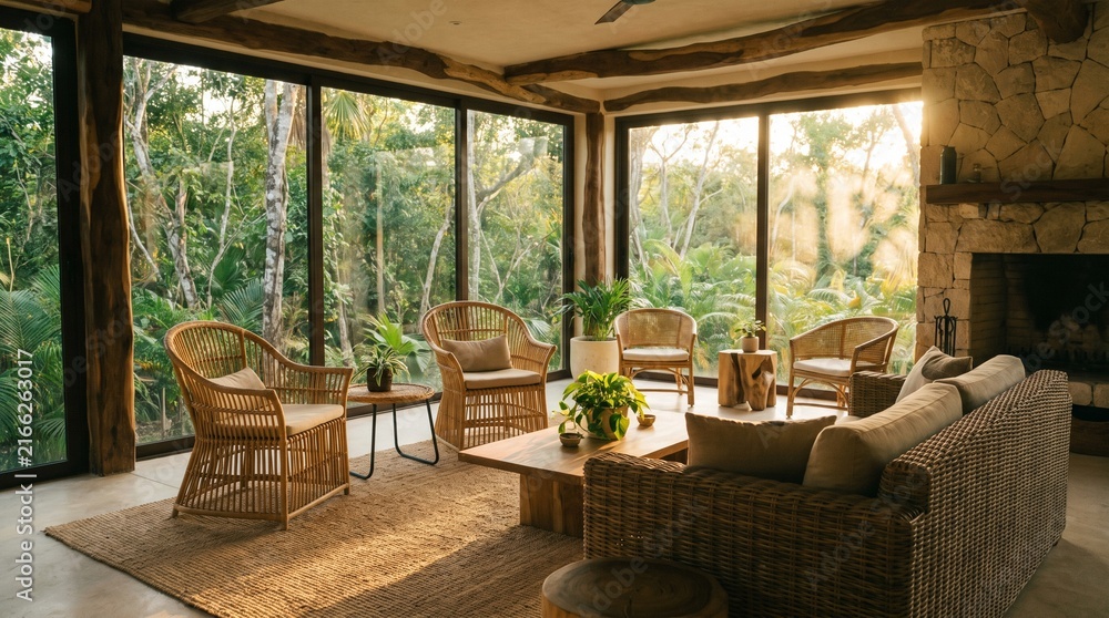 Fototapeta premium Modern tropical living room with rattan furniture and large windows overlooking lush jungle