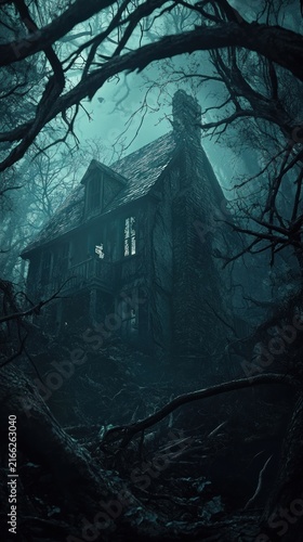 Mysterious haunted house in a dark forest