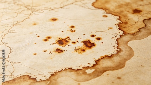 Aged map with burn stains and faded ink