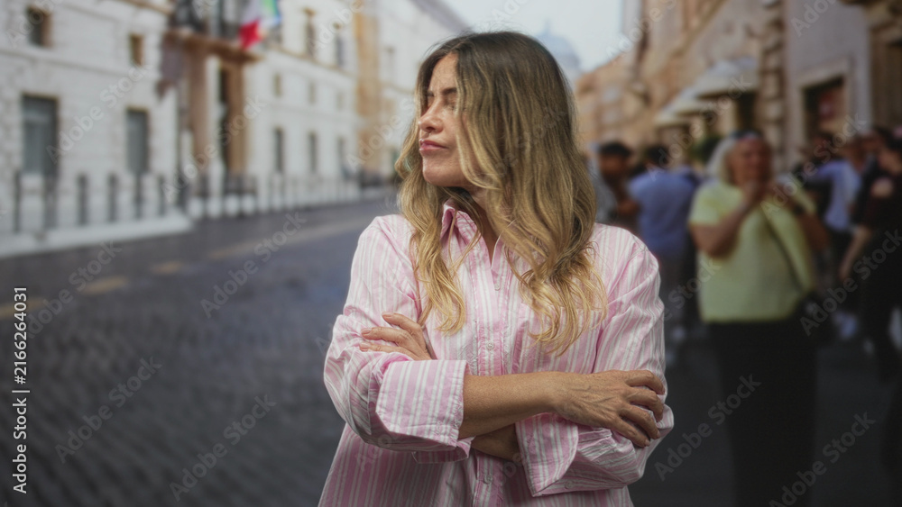 Fototapeta premium Woman with arms crossed, lips pursed, forearms exposed, standing on a cobblestone street in a historic building district; defiance.