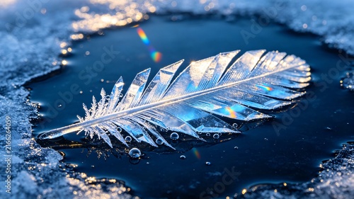 Frozen feather encased in ice with rainbow refraction