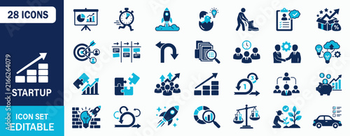 Startup and Entrepreneurship Icon Set for Business Growth, Innovation, Investment and Team Strategy