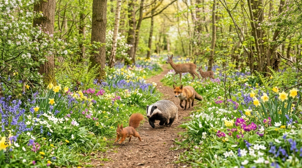 Naklejka premium Enchanted Woodland Path: A picturesque forest trail bursts with vibrant wildflowers and lush greenery, guiding viewers through a magical scene where a fox, badger, squirrel.