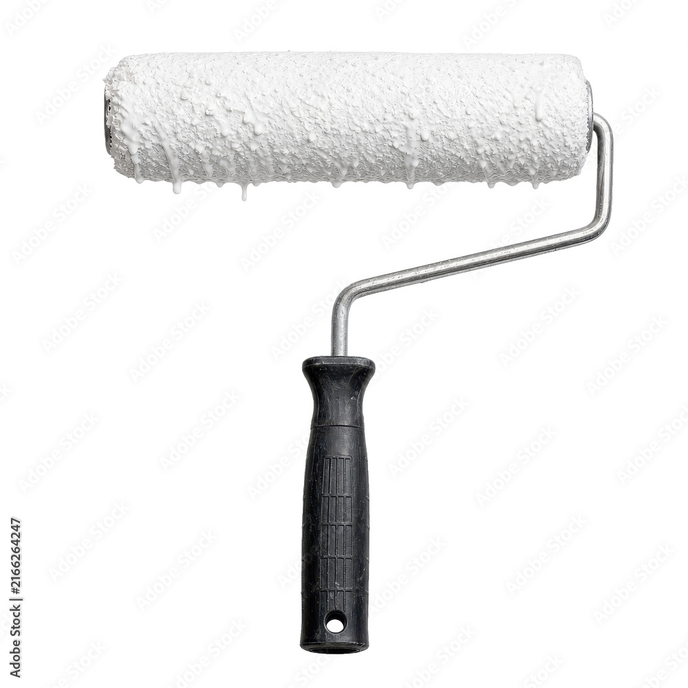 Fototapeta premium Used white paint roller with drips of fresh paint on its textured surface, isolated on a clean white background