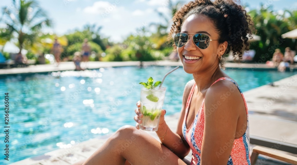 Fototapeta premium Tropical Bliss: A radiant young woman relaxes by a pristine poolside, sipping a refreshing cocktail and enjoying a sun-drenched vacation, embodying the essence of leisure and escape.