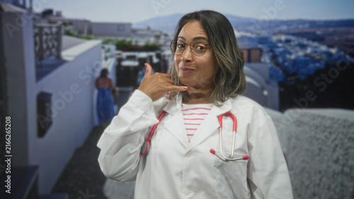 Foto Woman doctor in white lab coat with stethoscope making call gesture on a street in a mediterranean village; confidence care