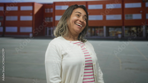 Фотография Woman laughing with a striped shirt and cardigan, head tilted, smile visible in front of a school building; joy warmth connection