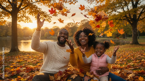 Happy Black family throwing autumn leaves in park near lake, outdoor leisure and parenting bonding