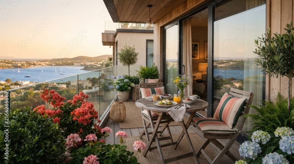 Fototapeta premium Serene Balcony Oasis: A charming balcony adorned with vibrant flowers, lush plants, and comfortable seating offers a picturesque view of a tranquil bay at sunset, embodying relaxation and luxury.