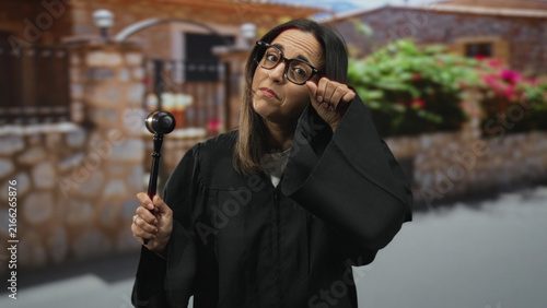 Obraz na płótnie Woman in judge robe holds gavel and clenches fist with visible hand in studio set against stone wall backdrop; judicial skepticism
