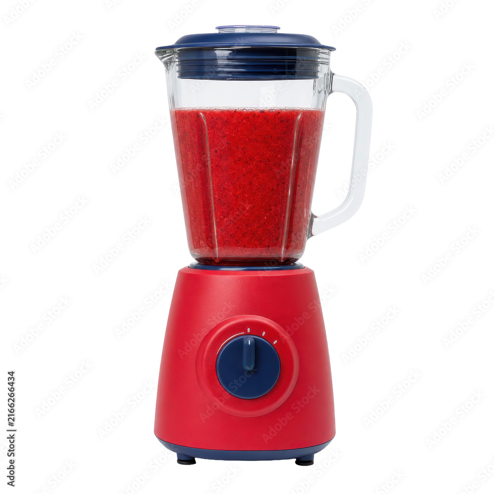 Obraz premium Vibrant red and blue blender filled with a delicious red berry smoothie stands upright on a clean white background