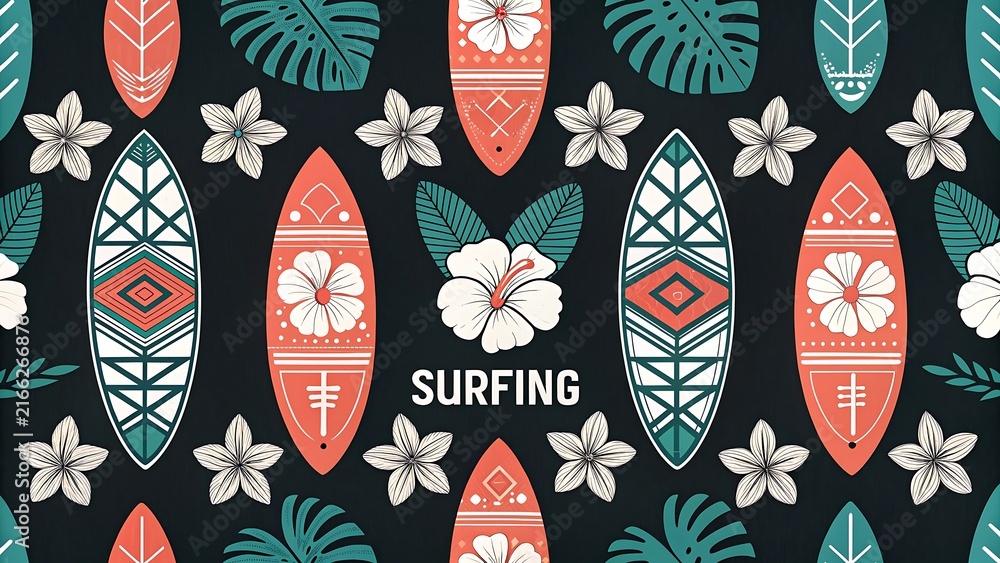 Seamless summer surfing pattern with surfboards and tropical leaves
