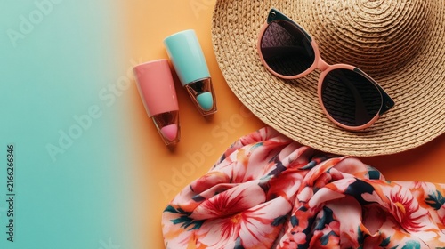 Summer fashion accessories on colorful background
