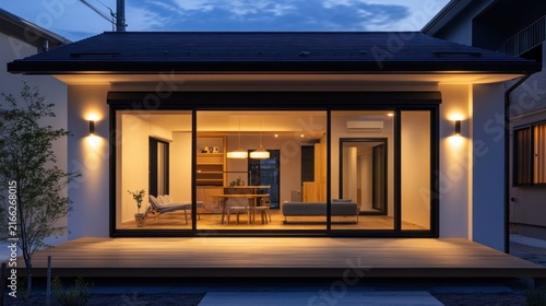 Modern house exterior at dusk glass doors