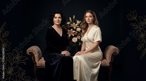 Studio portrait of two elegant women on vintage sofa.