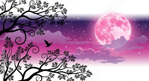 A serene nighttime scene with a large pink moon and silhouetted tree