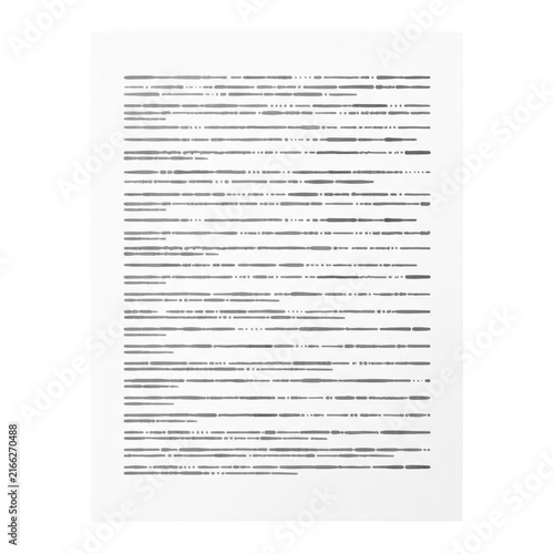 A printed document page with black text lines isolated on white background isolated on transparent background