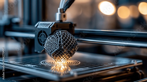 Obraz na płótnie Close-up of a 3D printer head precisely creating a complex geometric object layer by layer