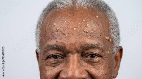 Frontal portrait of senior African man forehead displaying yellow eruptive xanthoma skin papules
