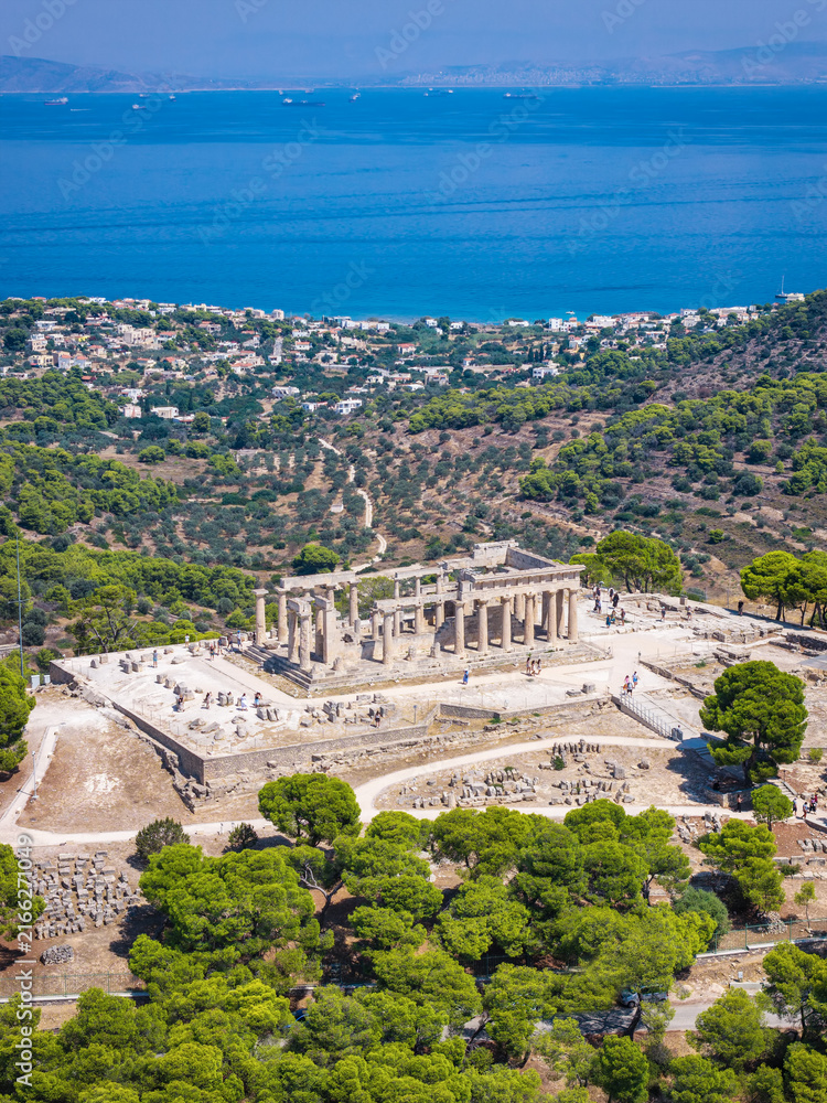 Fototapeta premium Aerial view of the ancient Temple of Aphaia at the Greek island of Aegina, Saronic Gulf, Greece