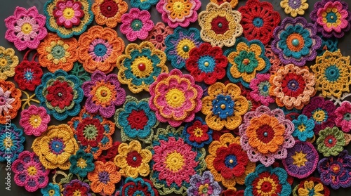 Vibrant crochet flowers in colorful array ,Hispanic Heritage Celebration Month, Latino Ctivalultural Festival, Cinco de Mayo, Día de los Muertos, Carnaval, Inti Raymi