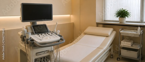 Digestive Health Ultrasound Room with Ultrasound System Blank Display Couch and Plain Gel Bottle Setup
