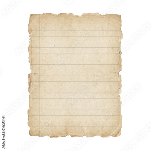 Old vintage paper sheet with torn edges and lined texture isolated on transparent background