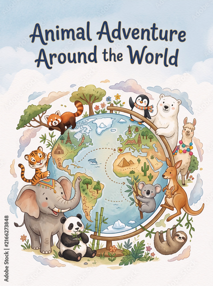Fototapeta premium Colorful educational illustration featuring a diverse collection of cute animals from different habitats around the world, designed for children's learning materials, storybooks, posters, and nursery 