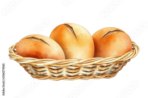 Fresh bread loaves in a wicker basket on black background