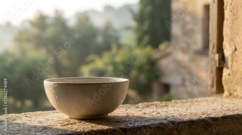 White ceramic bowl on stone windowsill with forest background.