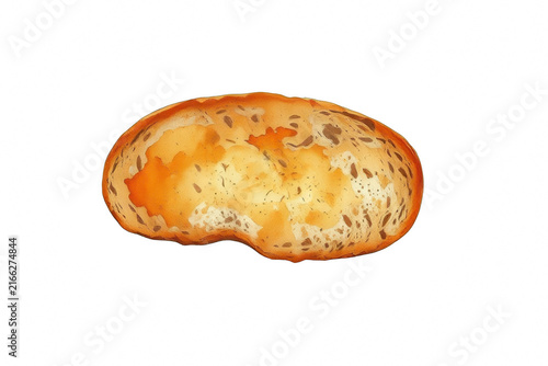 Single slice of toasted rustic bread isolated on black background