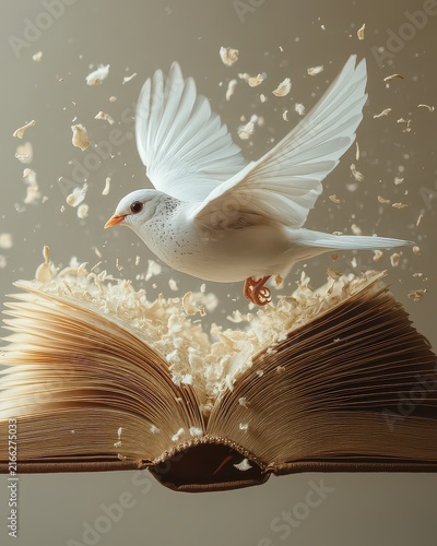 Dove flying from open book, pages disintegrating; spiritual, hope concept
