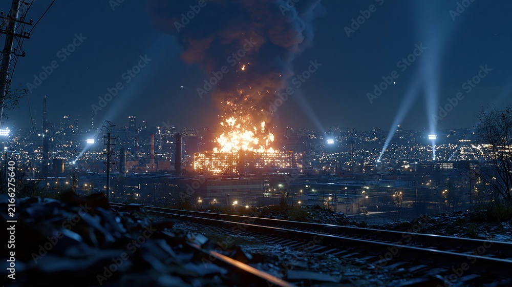 Naklejka premium Dramatic nighttime cityscape with a massive explosion illuminating the sky and searchlights scanning the darkness