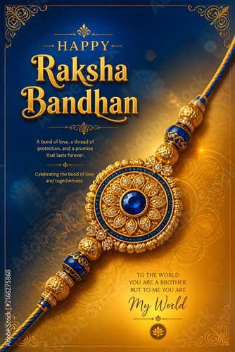 Raksha Bandhan invitation banner styled with a royal blue and gold ornate Rakhi design. Ideal for luxury festival graphics, elegant greeting cards, and cultural branding.