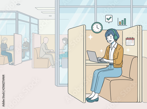 Obraz w ramie コワーキングスペースでヘッドホンをつけて集中作業するビジネスウーマンのイラスト