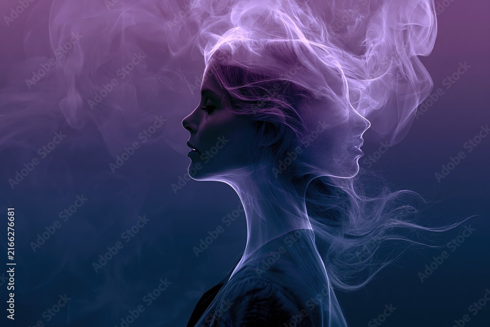 Obraz premium Surreal female profile emerges from swirling purple and blue ethereal smoke, symbolizing duality and consciousness