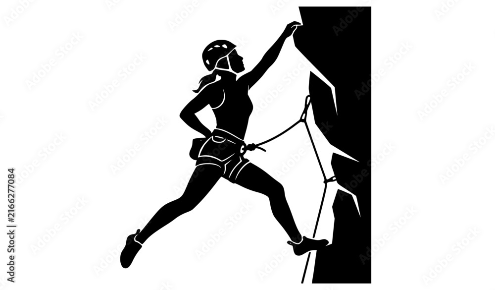 Fototapeta premium Woman Rock Climber Black Silhouette Leading Climb Outdoor Adventure Vector
