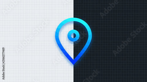 A blue and cyan gradient map pin icon with a subtle glow is centered on a background split between white and black grids.