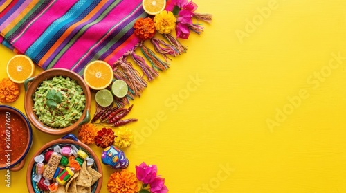 Vibrant Mexican Fiesta Food Table Setting ,Hispanic Heritage Celebration Month, Latino Ctivalultural Festival, Cinco de Mayo, Día de los Muertos, Carnaval, Inti Raymi